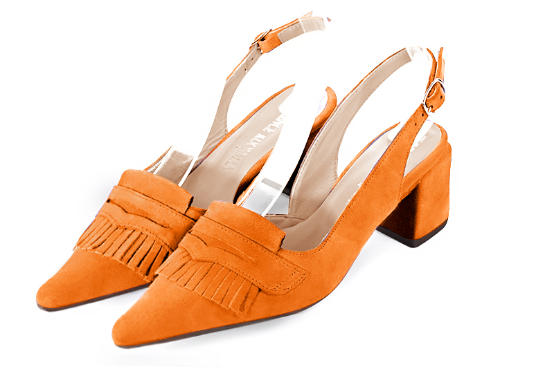 Apricot orange women's slingback shoes. Pointed toe. Medium block heels. Front view - Florence KOOIJMAN